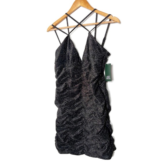 NWT Wild Fable Black Sparkle Ruched Bodycon Mini Dress Spaghetti Straps V Neck - Picture 2 of 16